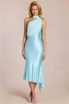 One Shoulder Mesh Satin Maxi Dress