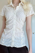 Polo Collar Ruched Slim Texture White Blouse