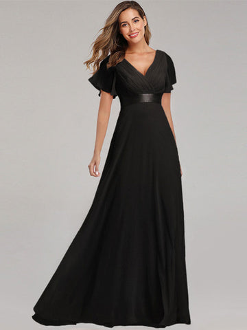 Chiffon-Ballkleider V-Ausschnitt Kurze Ärmel Halbformelles Maxikleid 