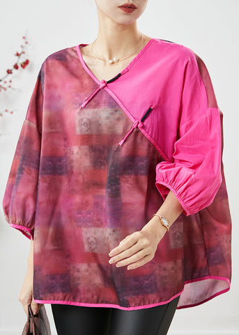 Blusa de lino con patchwork y teñido anudado en rosa chic para verano 