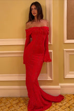 Off Shoulder Lace Flare Sleeve Fitted Train Elegant Maxi Dress