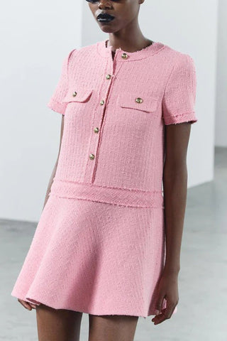 1960er London Girl Tweed Strukturiertes Minikleid mit goldenen Knöpfen und kurzen Ärmeln und Taschen