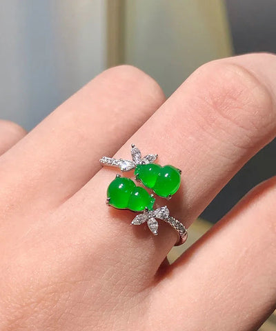 Stil Grüne Sterling Silber Intarsien Zirkon Jade Kürbis Ringe 