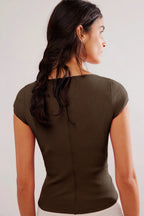 Ribbed Button Short Sleeve Casual Blouse