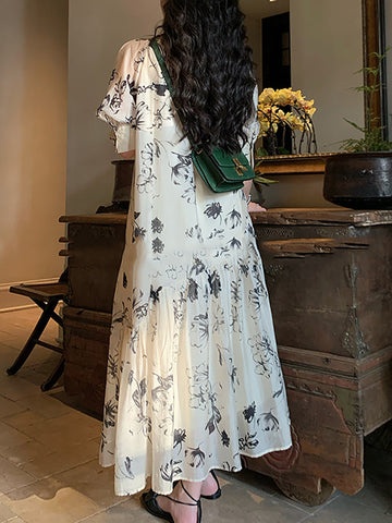 Women Summer National Floral Ink-print Pleat Loose Dress