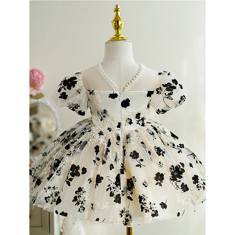 Kleinkind-Abendkleid, kleines Mädchen, Prinzessinnenkleid mit Schleife, bedruckt, flauschig, Kommunionskleid 