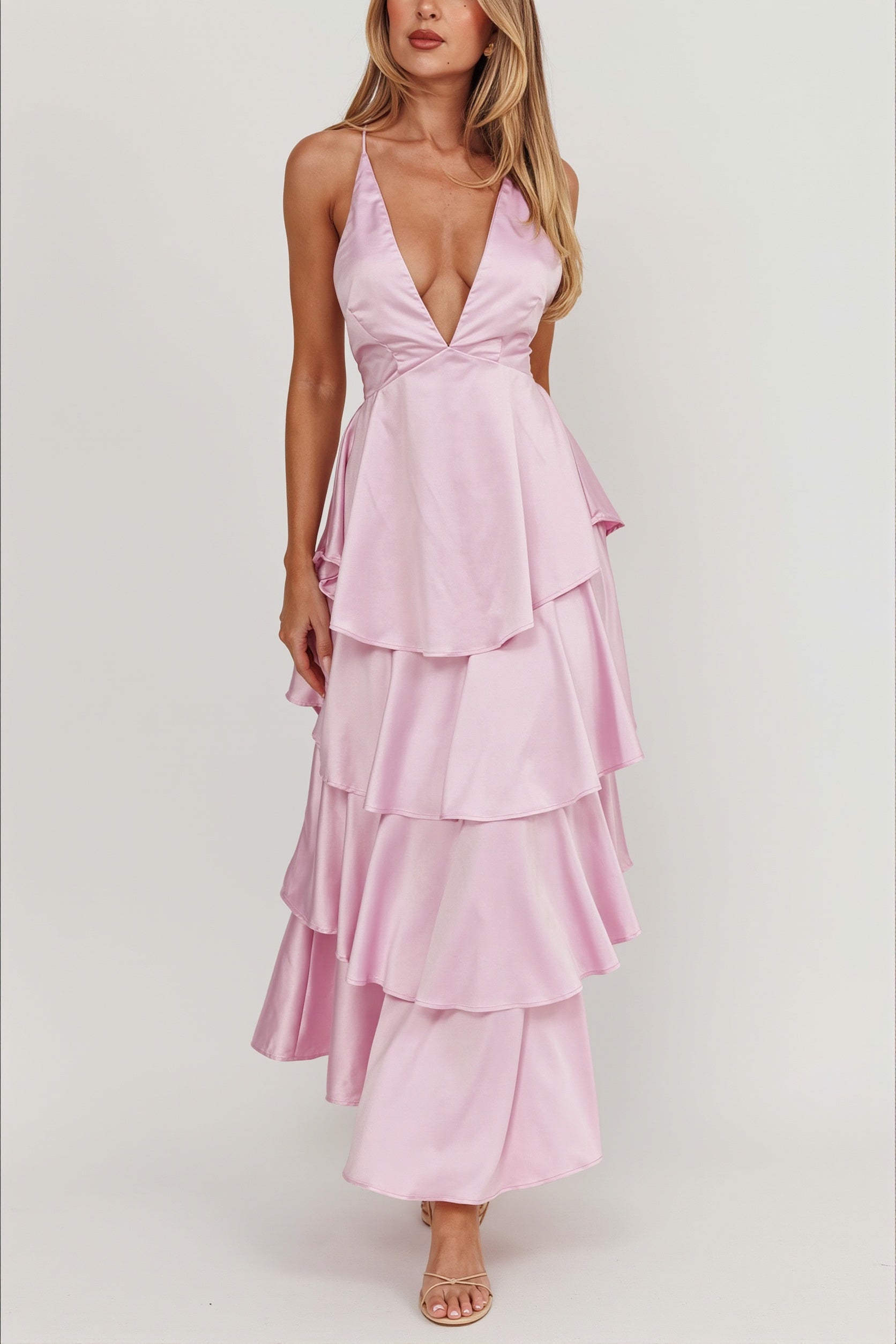Satin V-Neck Cami Tiered Slim Maxi Dress