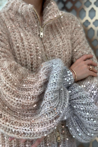 Warme, glänzende Herz-Strickjacke mit Pailletten, Ballonärmeln, Reißverschluss am Hals und lockerem Schnitt 