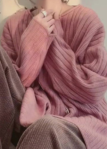 Lässige gemütliche rosa O-Ausschnitt Patchwork gestrickte Tops Frühling 