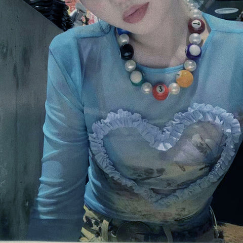 Gauze Heart Sweet Blue Tie Dye T-Shirt Women Y2K Streetwear Mesh Butterfly Tops Full Sleeve Tees Crew Neck Elastic Clas