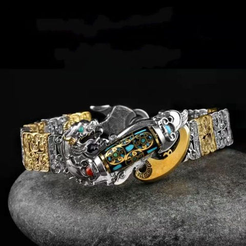 Sterling Silver Turquoise Lucky Pixiu Inlaid Nine-eyed Dzi Curb Chain Bracelet