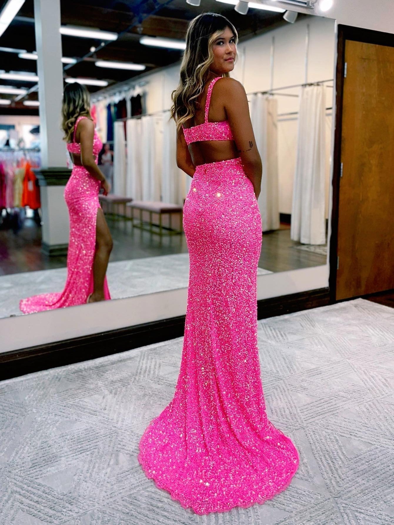 Mermaid V Neck Sequins Prom Dress with Slit