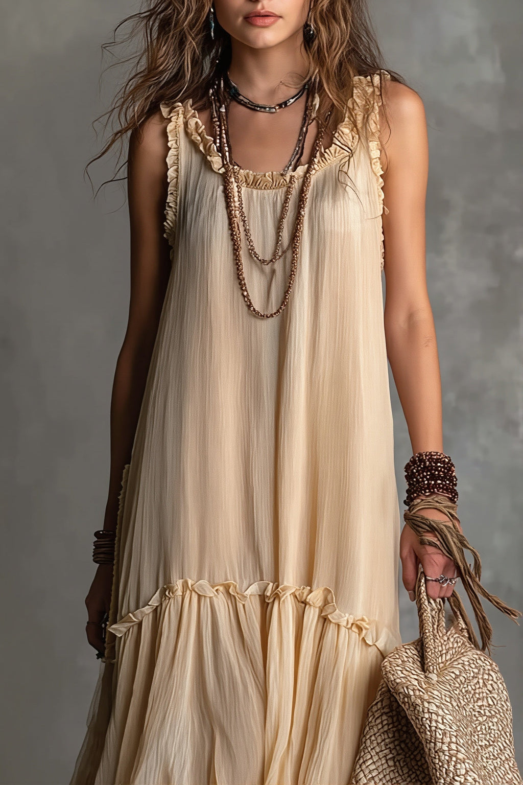 Solid Flowy Pleated Maxi Boho Dress