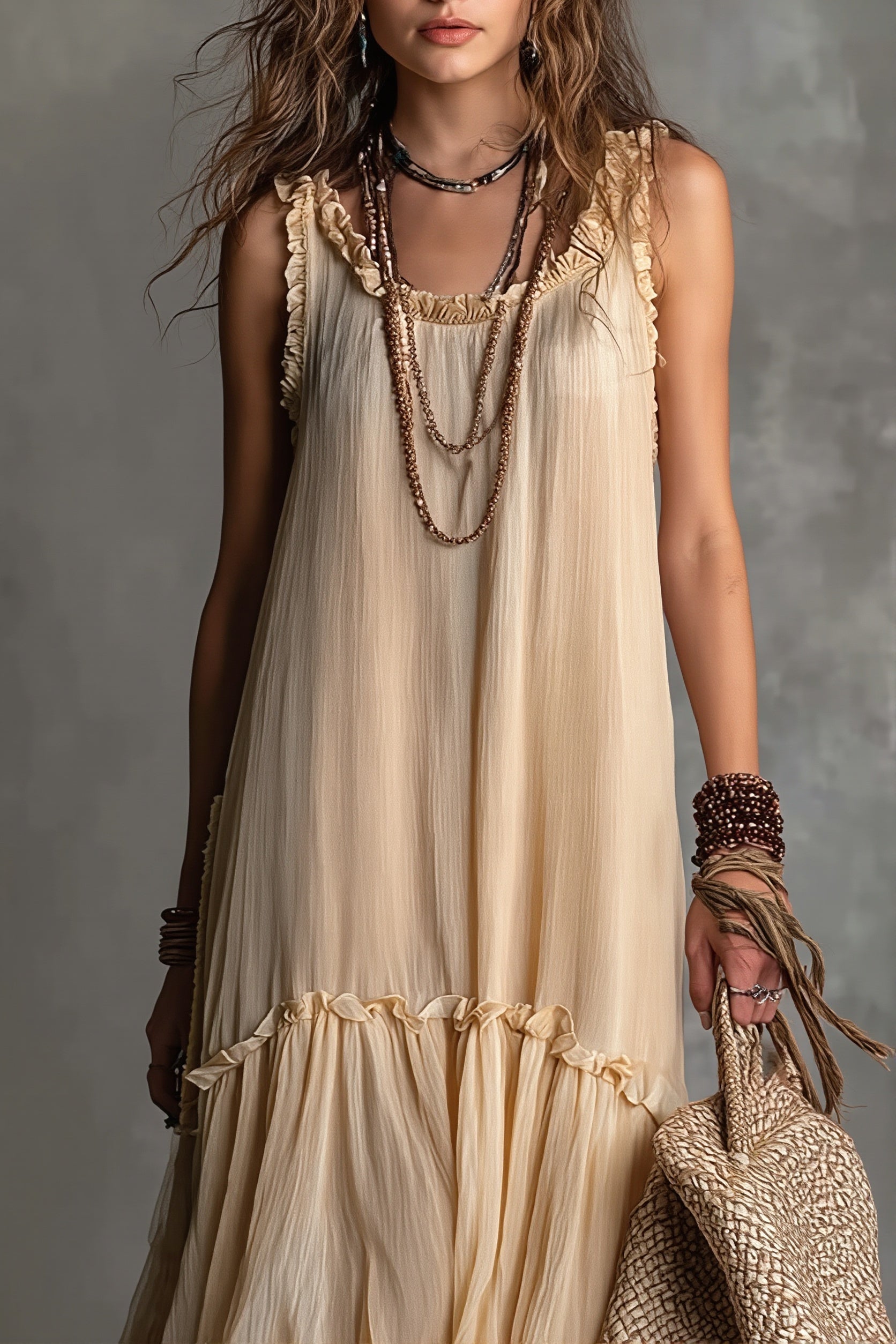 Solid Flowy Pleated Maxi Boho Dress