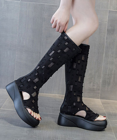 Botas de plataforma con empalme de boutique, punta abierta, tela vaquera blanca 