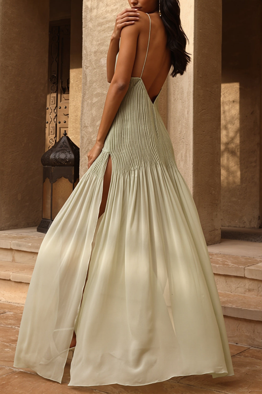 Pleaded Solid Split Elegant Maxi Dress