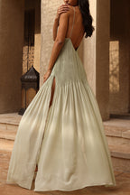 Pleaded Solid Split Elegant Maxi Dress