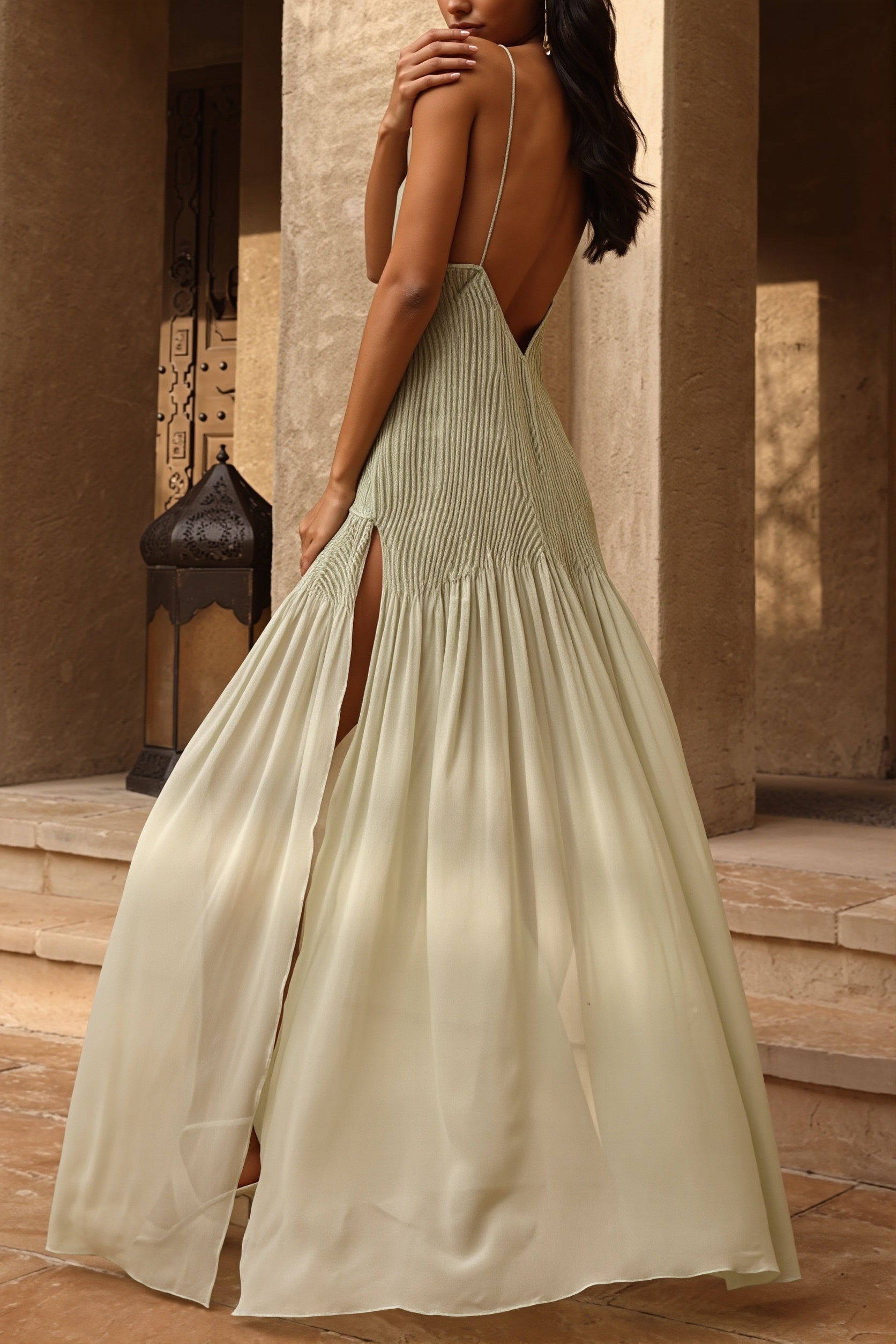 Pleaded Solid Split Elegant Maxi Dress
