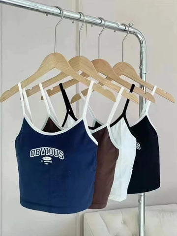Tops cortos con sujetador acolchado para mujer, tops cortos lisos con cuello redondo, tops con estampado de letras de verano 2024, camisola de espagueti 