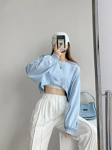Camiseta de moda coreana Y2K para mujer, top corto holgado sexy liso con cuello redondo y manga larga, ropa urbana vintage Y2K, ropa gótica 