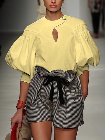 Half Sleeves Loose Buttoned Elasticity Hollow Pleated Solid Color Split-Joint Round-Neck Blouses&Shirts Tops