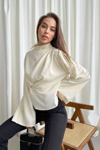 Chiffon Bell Sleeve Apricot Stand Collar Blouse
