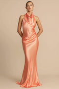Solid Satin Halter Backless Maxi Dress