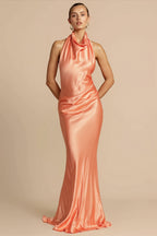 Solid Satin Halter Backless Maxi Dress