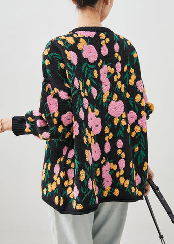 Cárdigan de punto jacquard negro con cuello redondo para invierno 