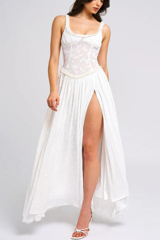 Vestido largo Ulissa verde claro con escote cuadrado, textura jacquard y abertura alta 