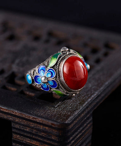 Retro-Ringe aus rotem Sterlingsilber mit Achat und Cloisonné 