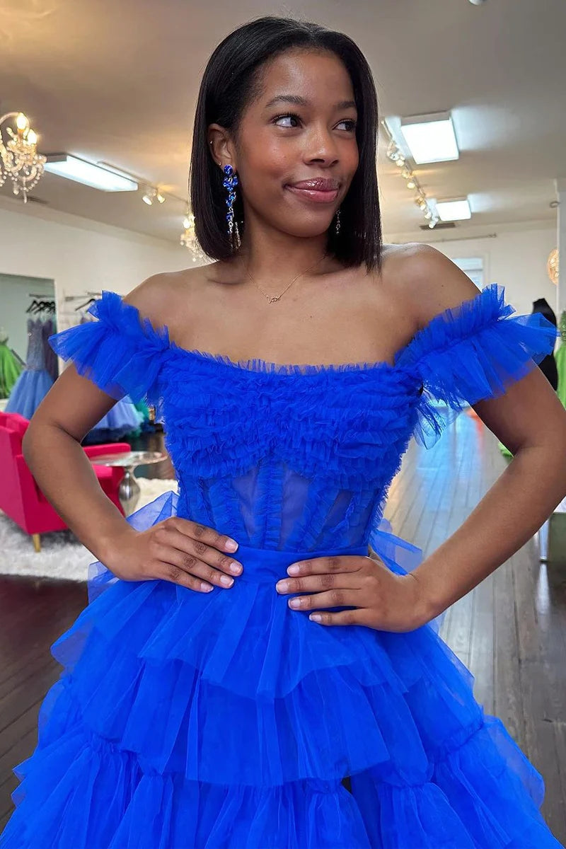 Off the Shoulder Ruffle Tiered Tulle Long Prom Dresses with Slit