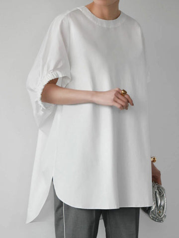 High-Low Loose Elasticity Solid Color Split-Side Rundhals-T-Shirts Tops 