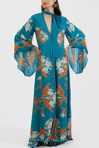 Shine The Light Unique Printed High Neck Bell Sleeve Loose Maxi Dress