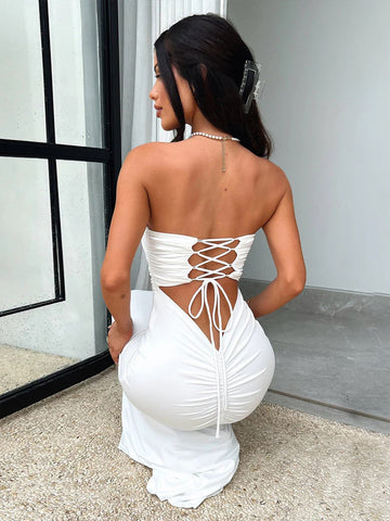 Party Dress Off The Shoulder Lace Up Pleated Sexy Maxi Dress