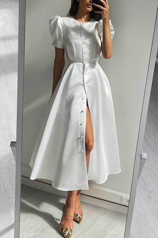 Vestido midi con abertura y botones de perla, mangas abullonadas, estilo chic y elegante 