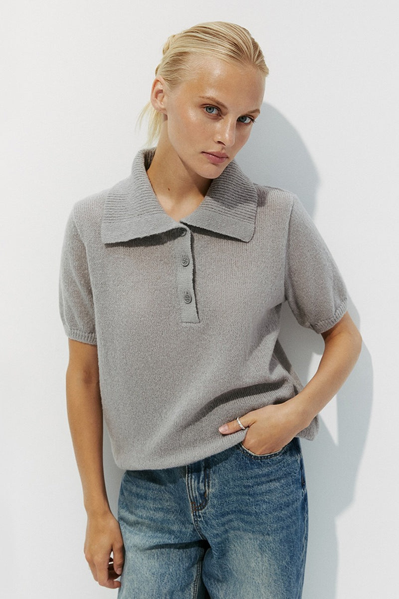 Minimalist Polo Hollow Knit Puff Sleeve Blouse