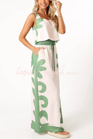 Conjunto de camiseta sin mangas con estampado elegante y pantalones anchos con cintura elástica y bolsillo 