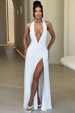 Vestido largo Norma con cuello en V profundo y cuello halter 