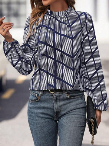 Blusas y camisas de manga larga, sueltas, elásticas, plisadas, con lunares y cuello alto 