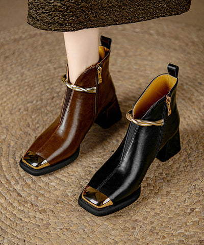 Stilvolle Splicing Chunky Heel Stiefel Schwarzes Rindsleder 