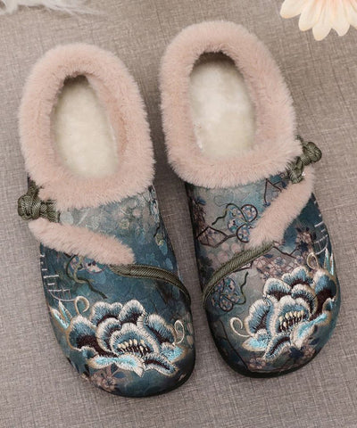Zapatos planos con bordado de café retro y forro de lana afelpada 