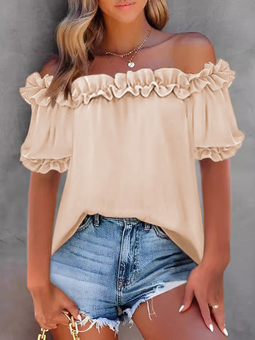 Blusas y camisas sueltas de manga corta con volantes plisados ​​y ribetes de color liso con hombros descubiertos 