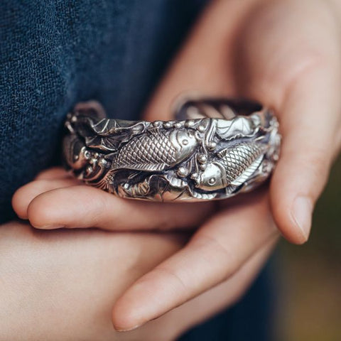 Sterling Silver Koi Fish Playing with Lotus Bracelet