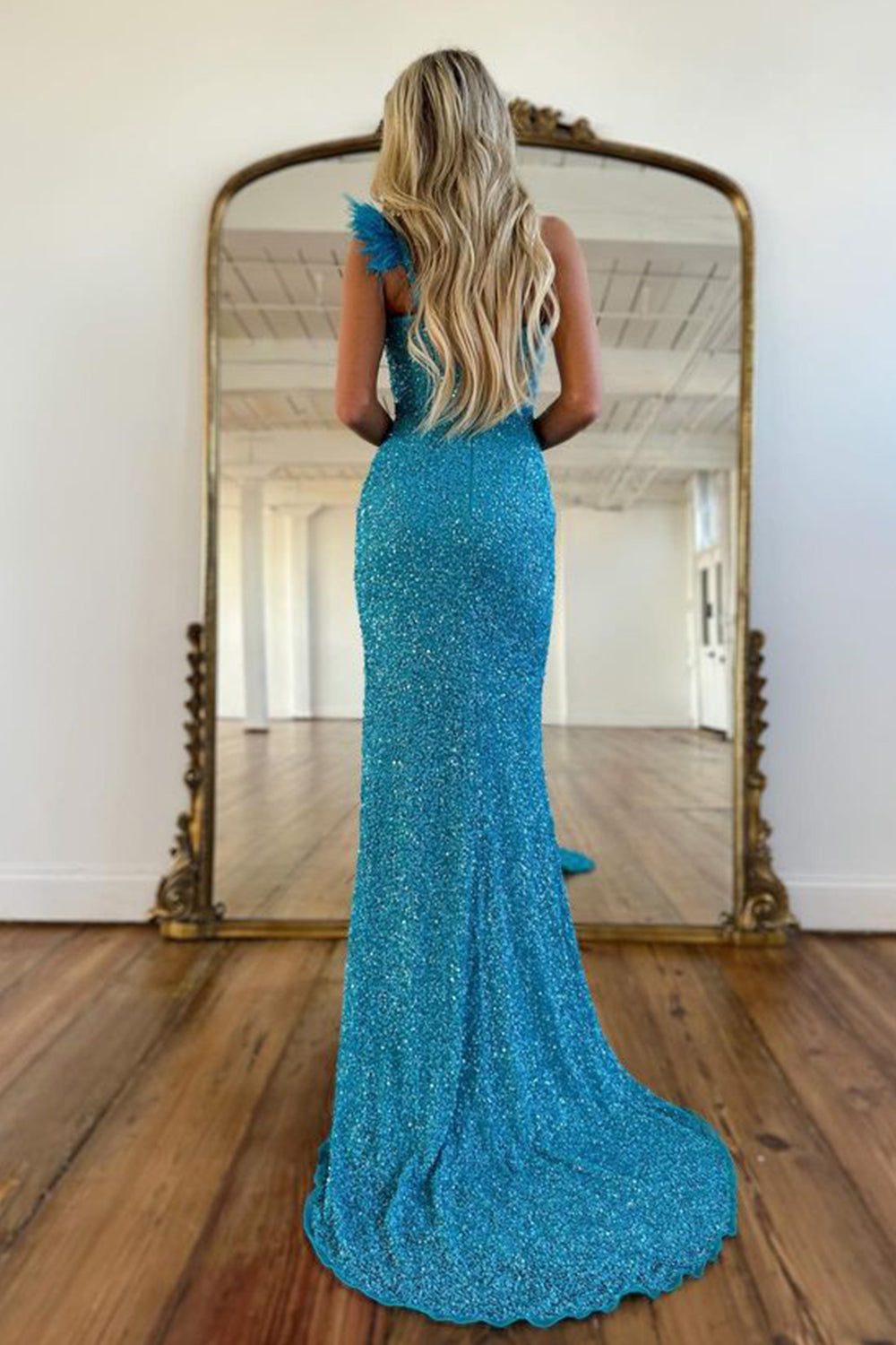 Mermaid One Shoulder Blue Sequins Long Prom Dress with Split Front