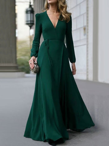 V-Neck Maxi Dress Strong Shoulder Belted A-Line Prom Dresses