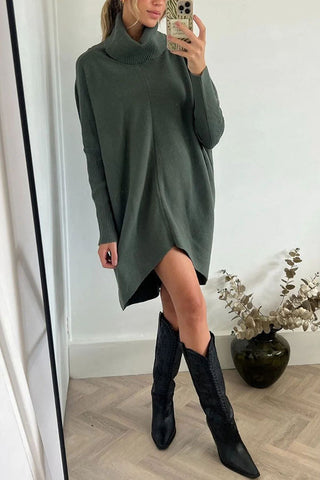 Suéter holgado midi de cuello alto con dobladillo alto y bajo, perfecto para paseos invernales 