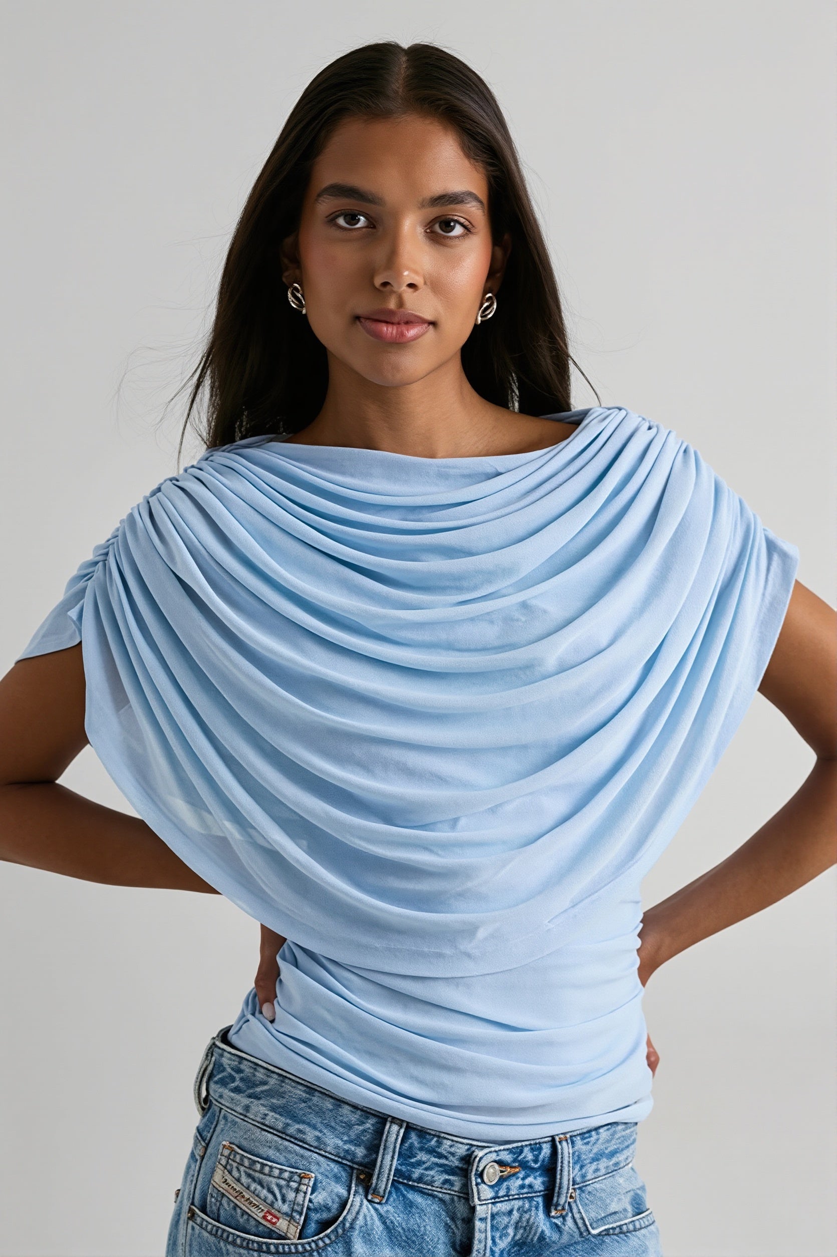 Solid Sheer Ruffle Scarf Neck Blouse