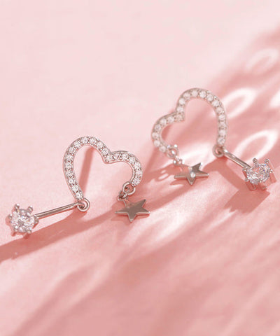 Brief Silk Sterling Silver Zircon Love Star Tassel Stud Earrings
