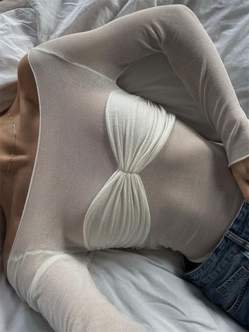 Camiseta de malla transparente con hombros descubiertos para mujer, nueva camiseta de manga larga con encaje transparente, top de punto, camiseta de malla de verano 